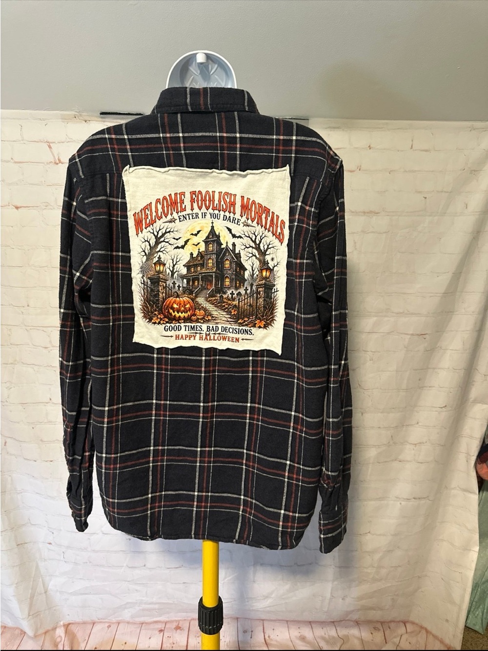Upcycled Halloween Haunted House Good Times Bad Decisions Tee Flannel L